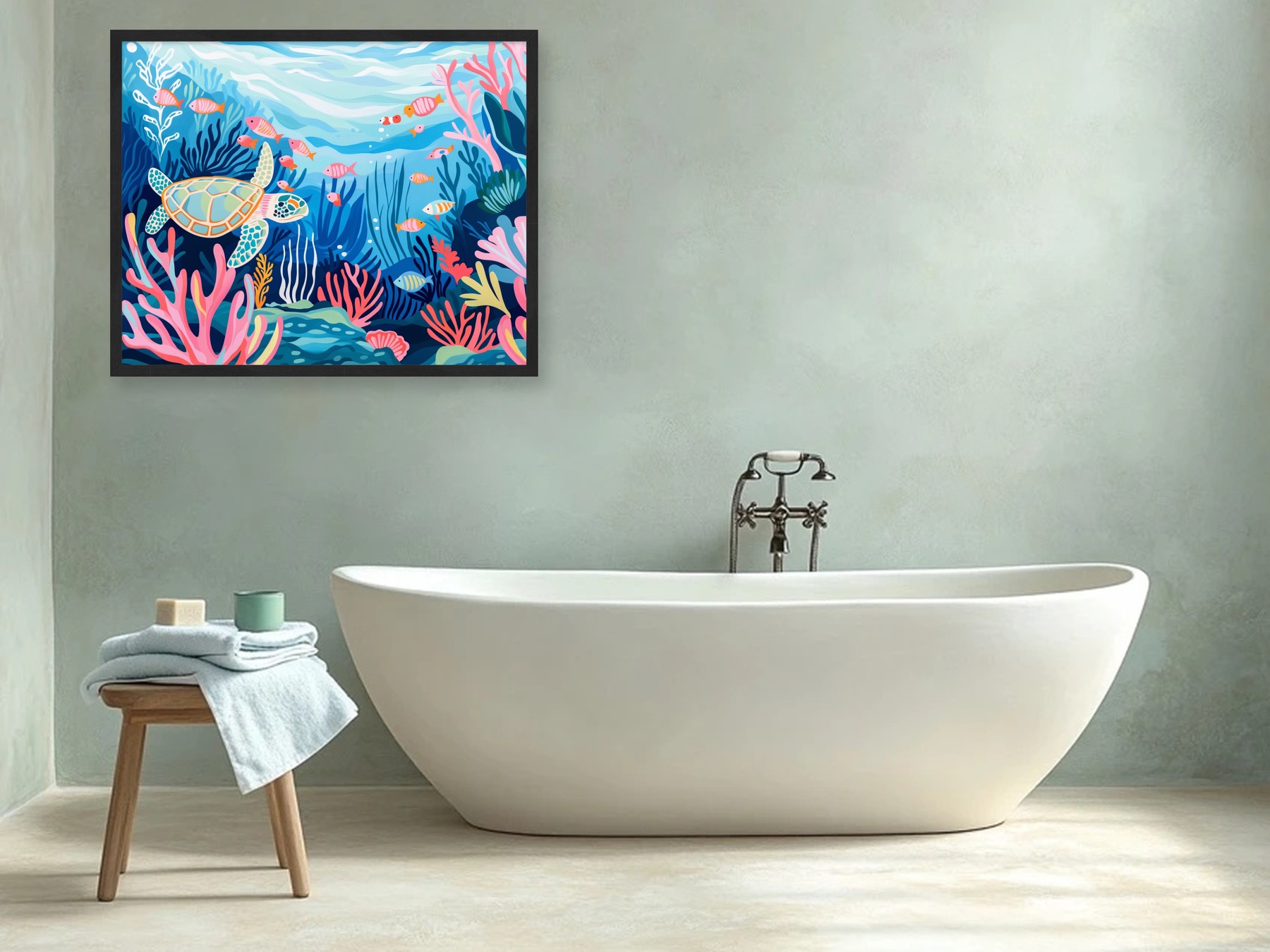 Badezimmer-Raum mit gerahmter Unterwasserkunst