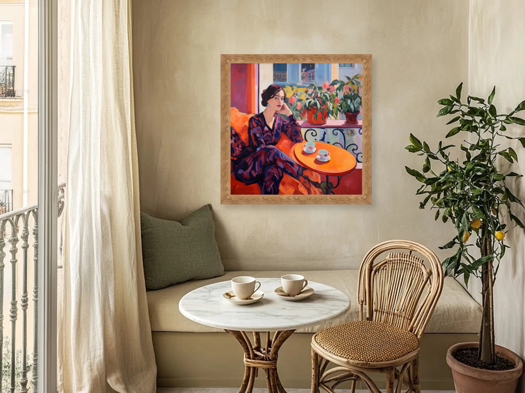 Mediterraner Raum mit gerahmter Aila-Kischka-Kunst