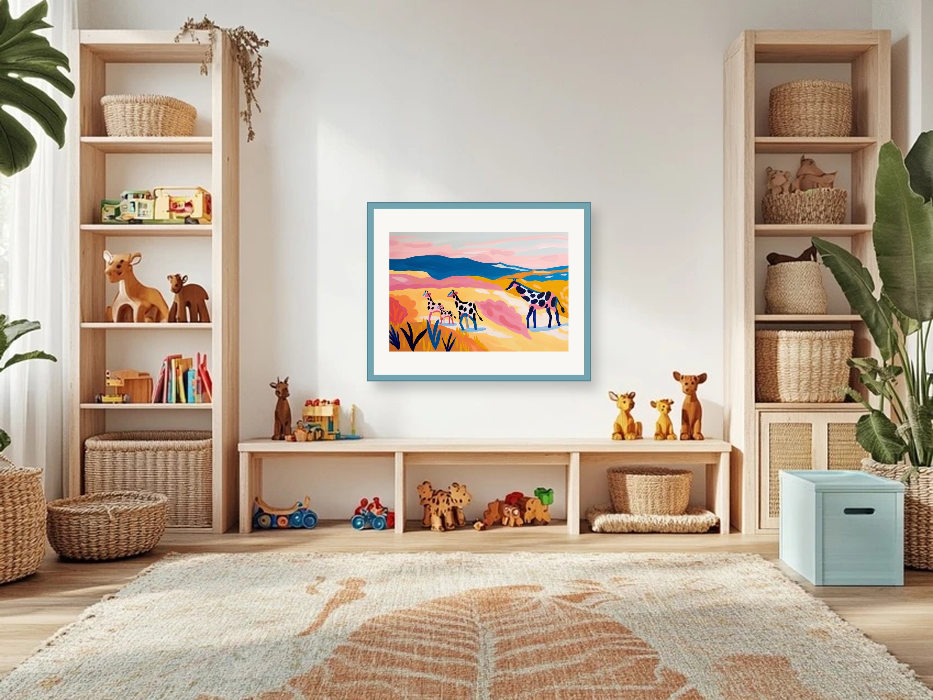 Heller Familienraum mit gerahmter Safari-Kunst